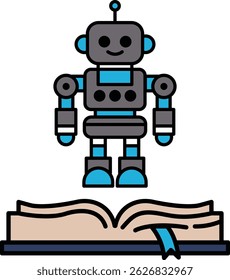 A robot is standing on top of an open book. The robot is smiling and he is happy. The book is open to a page with a blue ribbon