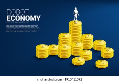 Robot standing on top of stack of coin. Concept of artificial intelligence and machine learning, worker technology.