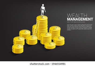 Robot standing on top of stack of coin with ladder. Concept of artificial intelligence and machine learning, worker technology.