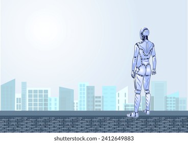 Roboter an der Wand, der Skyline betrachtet