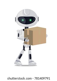 Robot standing with parcel, cyborg with shining green eyes carrying box, delivery made by technology, vector illustration, isolated on white