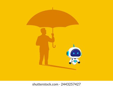 Robot standing with shadow man hand holding umbrella protects against risk. Flat vector illustration.