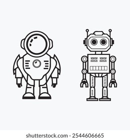 Robot standing still line art, vector illustration icon