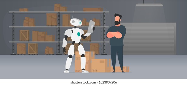 The robot stands with cardboard boxes near the conveyor line. Conveyor system in flat design. Vector.