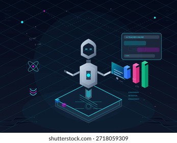 A robot stands in a digital space with charts and graphs related to online learning. The environment features data analytics and user engagement metrics on screens.