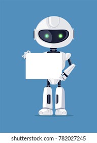 Robot stands with empty paper and showing it, cyborg with green eyes, created creature of white color, vector illustration isolated on blue background