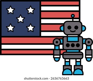 A robot stands in front of an American flag. The robot is smiling and he is happy