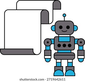 Un robot se para frente a una hoja de papel en blanco. El robot está sonriendo y él es feliz. Concepto de curiosidad y maravilla sobre las posibilidades de la tecnología y el futuro