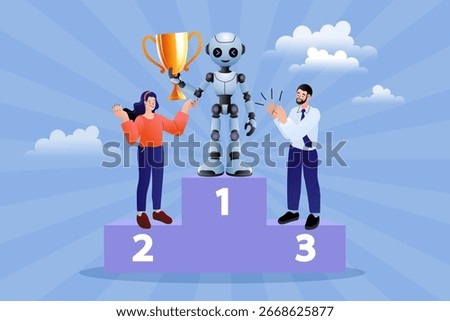 A robot stands on a podium holding a trophy, a vector illustration of AI technology and automation winning. This concept shows the future of work and technological advancement over human abilities.
