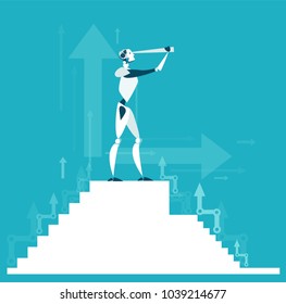 Robot staying on the top of the stairs and looking with the telescope. Future business reality