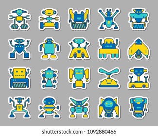 Robot sticker icons set. Web flat sign kit of toy. Character pictogram collection includes transformer, cyborg, machine. Simple robot symbol. Colorful icon for patch. Vector Illustration