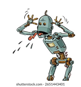 Robot sticks out tongue. Conflict with artificial intelligence. AI replacing professional employees. Pop Art Retro Vector Illustration Kitsch Vintage 50s 60s Style. On a white background