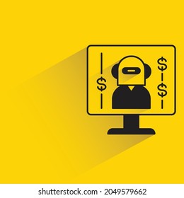 robot stock trader with shadow on yellow background