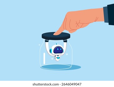 Robot struggles to open the lid of a glass jar. Business technology. Technology constraints or stagnant, prohibition. Modern flat vector illustration 