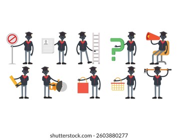 robot student characters in different poses set