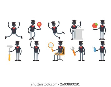 robot student characters in different poses set