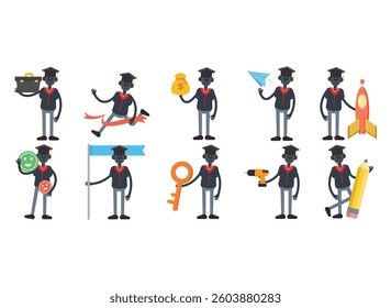 robot student characters in different poses set
