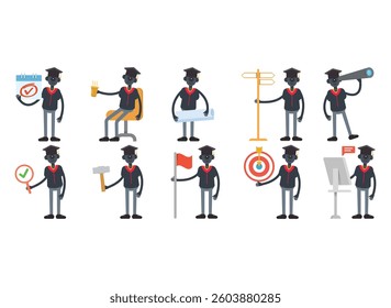 robot student characters in different poses set