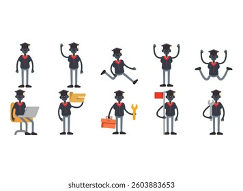 robot student characters in different poses set