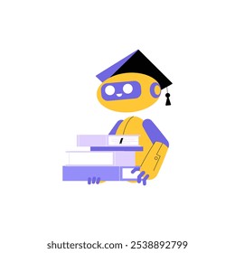 Robot Student Holding Stack Of Books In Flat Vector Illustration Symbolizing Education, Learning, And Technology, Isolated On White Background