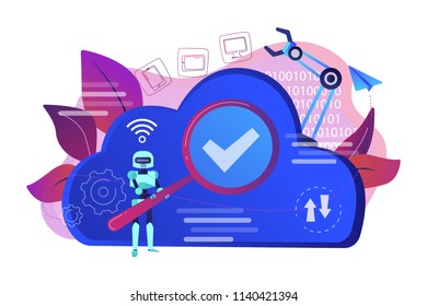 Robot studying cloud technology through magnifier. Artificial intelligence, machine learning, cloud computing, robot thinking concept, violet palette. Vector illustration isolated on white background.