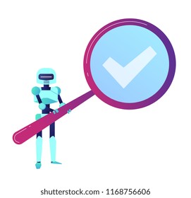 Robot studying cloud technology through magnifier. Artificial intelligence, machine learning, cloud computing, robot thinking concept, violet palette. Vector illustration isolated on white background.