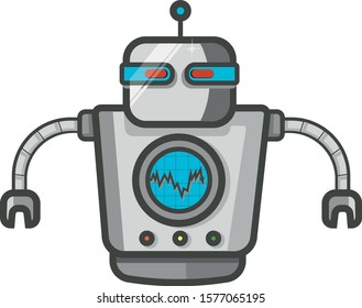 Robot in the style of vector graphics.  Orange robot with arms apart.  The robot has blue eyes with two antennas on its head.  The robot is drawn in the style of 2D infographic.