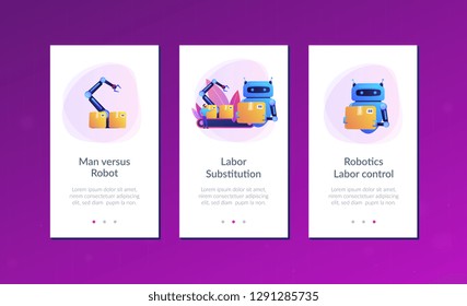 Robot substituting human working with boxes on conveyor. Labor substitution, man versus robot, robotics labor control concept. Mobile UI UX GUI template, app interface wireframe