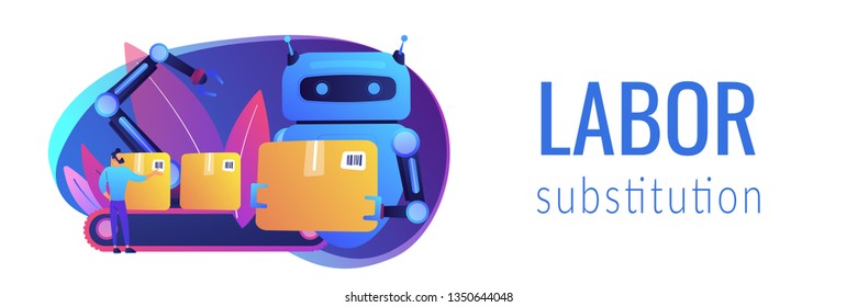 Robot substituting human working with boxes on conveyor. Labor substitution, man versus robot, robotics labor control concept. Header or footer banner template with copy space.