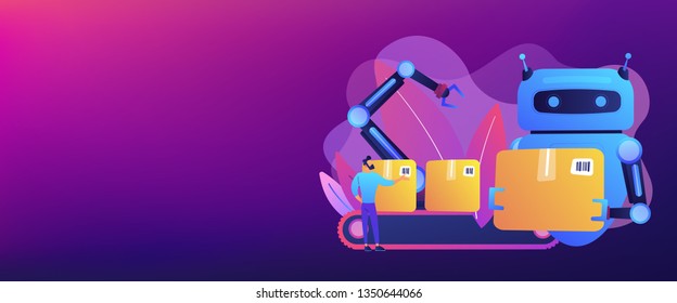 Robot substituting human working with boxes on conveyor. Labor substitution, man versus robot, robotics labor control concept. Header or footer banner template with copy space.