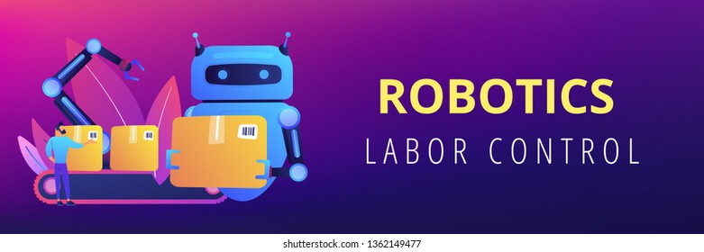 Robot substituting human working with boxes on conveyor. Labor substitution, man versus robot, robotics labor control concept. Header or footer banner template with copy space.