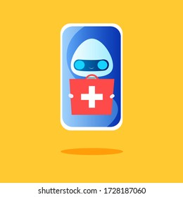
Robot with a suitcase of tablets in hands on the phone screen. Ambulance concept. Vector stock illustration.