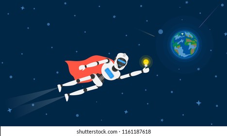 robot super hero flying to earth planet with lightbulb