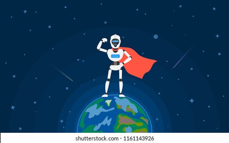 Robot Super Hero Standing On Planet Earth In Outer Space