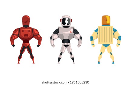 Robot Superhero Figures in Helmet and Armored Costume Vector Set