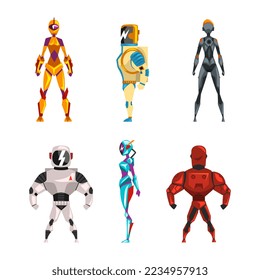 Robot Superhero Figures in Helmet and Armored Costume Vector Set