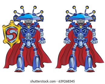 Robot superhero in a red cloak alien funny