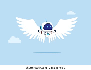 Robot superhero are spreading wings, prepare to fly to goal. Dreams, hope for the future. Flat vector illustration 