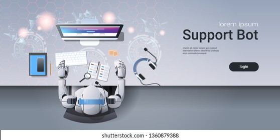 robot support bot call center service operator in headphones sitting at workplace top angle view artificial intelligence technology concept horizontal copy space