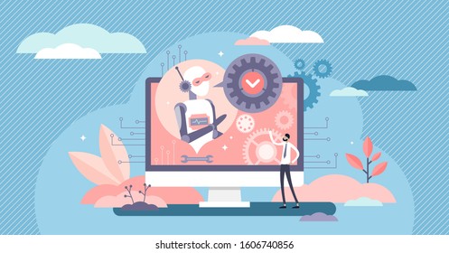 Robot IT support vector illustration. AI help in flat tiny persons concept. Automation development to optimize human resources necessity. Futuristic cyborg answers to questions in support center.
