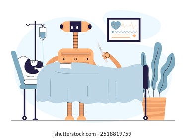 Conceito de cirurgião robô. Bot com bisturi realiza cirurgia. Saúde e medicina. Inteligência artificial e aprendizagem de máquina. Ilustração de vetor linear isolada no plano de fundo branco