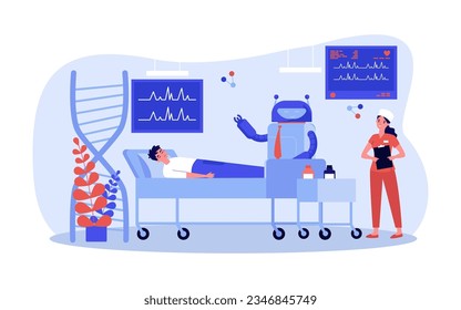 Robot surgeon operating on patient vector illustration. Doctor controlling heart rate screens and digital equipment in operating room. Health care, medicine, technology concept