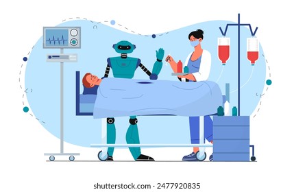 Roboter bei der Operation. Cyborg hilft dem Arzt, den Patienten zu operieren. Künstliche Intelligenz und maschinelles Lernen. Medizin und Behandlung, Gesundheitswesen. Cartoon flache Vektorillustration