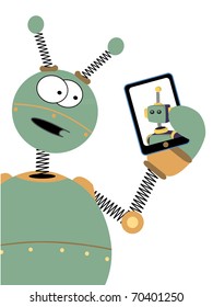 Robot surprised expression looks at robot on tablet vector illustration