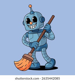 The Robot is Sweeping Cartoon Illustration