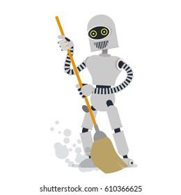 Robot sweeps the floor. vector illustration. Flat style design. Isolated on a white background.