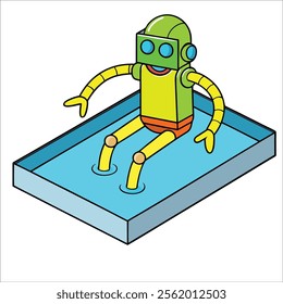 A robot swimming in a pool, mid-stroke.