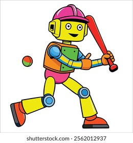 A robot swinging a bat and hitting a home run in baseball.