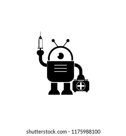 Robot with syringe and first aid kit in hand icon on white background