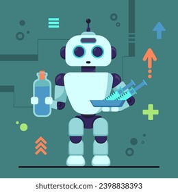 Robot con jeringas y botella de ilustración vectorial. Robot de servicio trabajando en el hospital. Tecnología moderna en medicina, concepto de inteligencia artificial